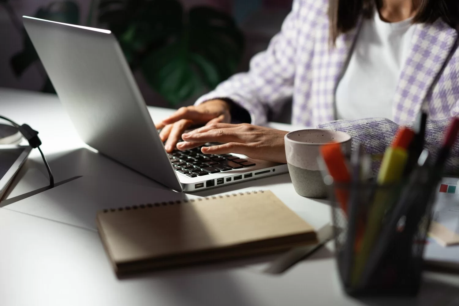 woman uses laptop while working new project idea late evening female hands are typing laptop keyboard 361425 4770